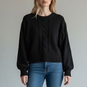 Cozy Black Cable Knit Bishop Sleeve Sweater